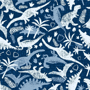 Blue monochrome dinosaur sketch repeat pattern