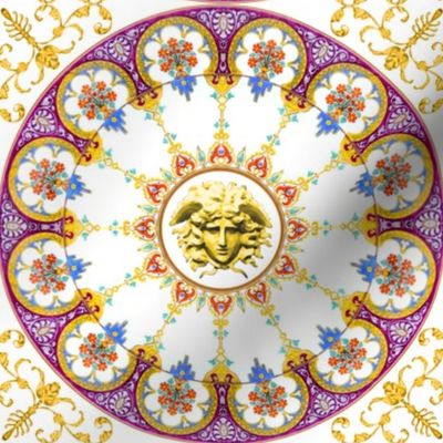 medusa baroque rococo flowers floral leaves leaf Victorian swirls filigree arabesque purple red yellow blue gold circle round frame ornate head colorful violet neoclassical   inspired 