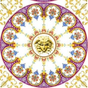 medusa baroque rococo flowers floral leaves leaf Victorian swirls filigree arabesque purple red yellow blue gold circle round frame ornate head colorful violet neoclassical   inspired 