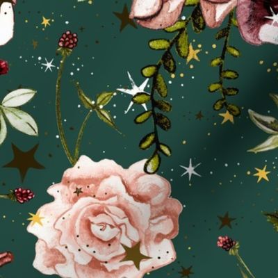 Stars and Sun Boho Floral, wild flower and rose, Large Scale on dark green, emeral, night sky, botanical, astrology, vintage, nursery, stars and flowers