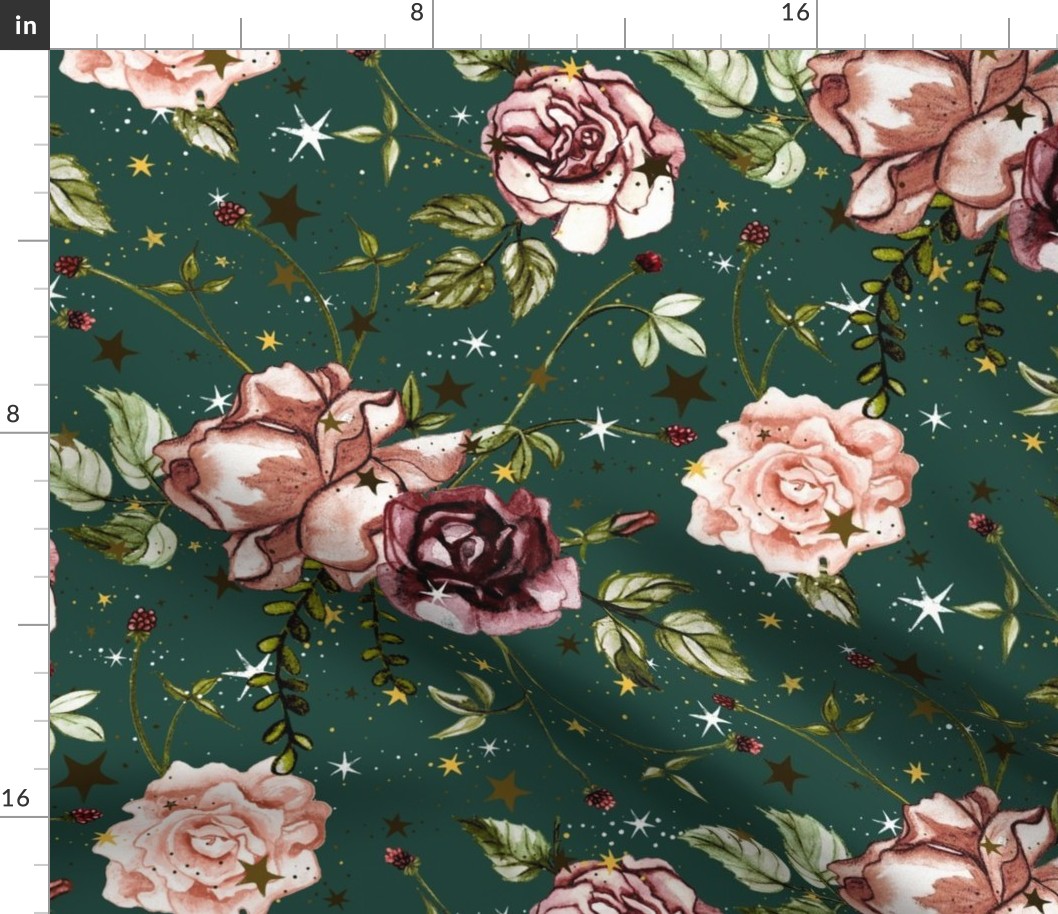 Stars and Sun Boho Floral, wild flower and rose, Large Scale on dark green, emeral, night sky, botanical, astrology, vintage, nursery, stars and flowers