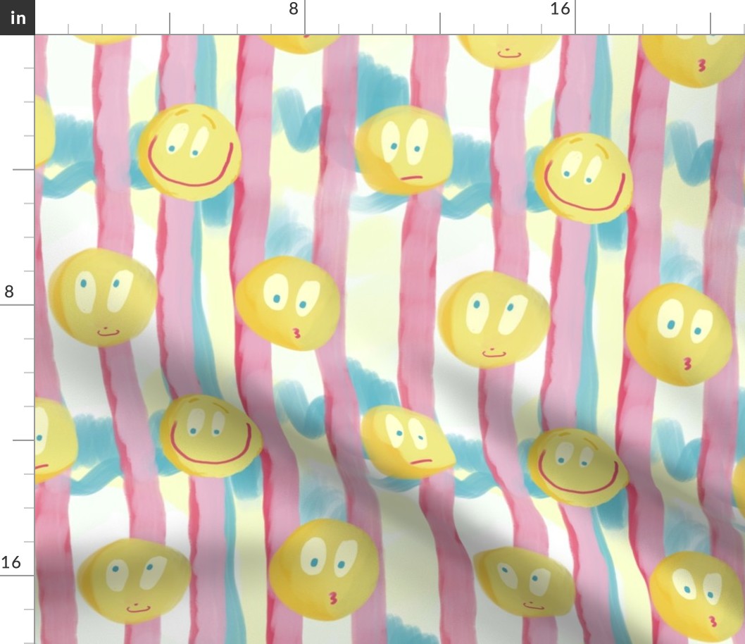 Silly Kitsch Smiley Faces -- Yellow 80s Smiley Smiles on Pink Stripes with Blue Clouds