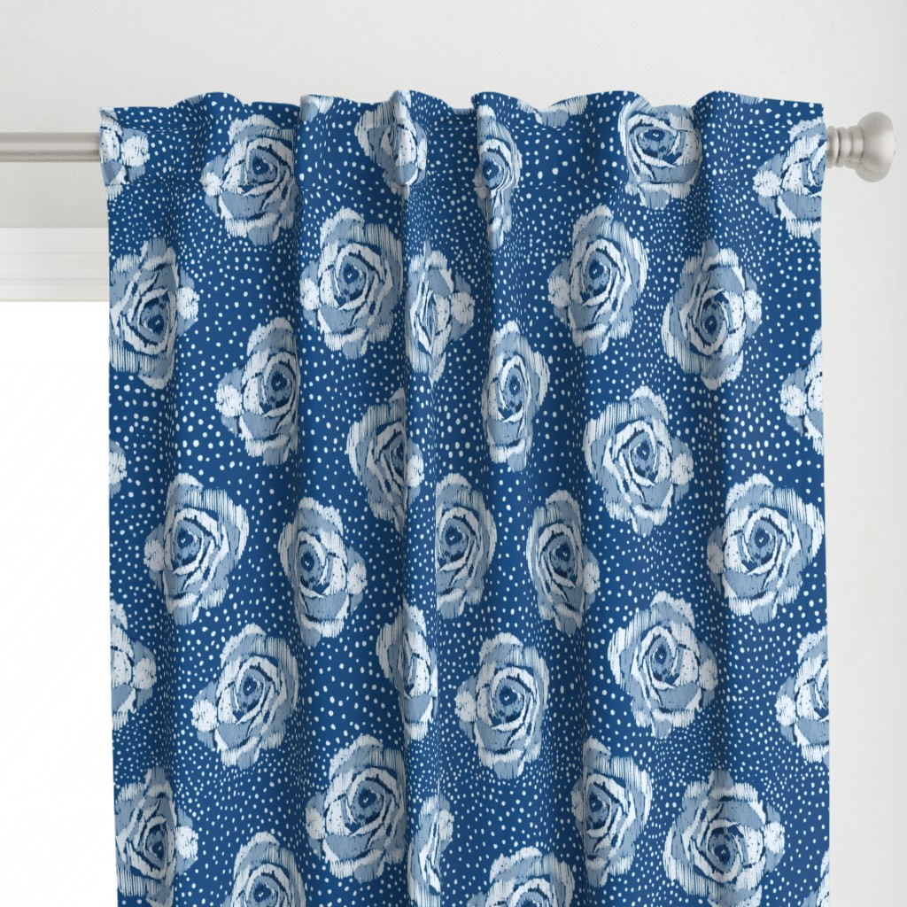 Mid size ikat roses on irregular classic blue spot ground