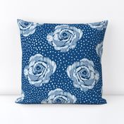 Mid size ikat roses on irregular classic blue spot ground