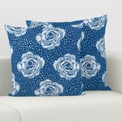 Mid size ikat roses on irregular classic blue spot ground