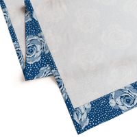 Mid size ikat roses on irregular classic blue spot ground