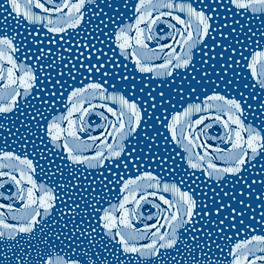 Mid size ikat roses on irregular classic blue spot ground