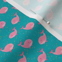 Whale Watching (pink whales on teal background, tiny scale)