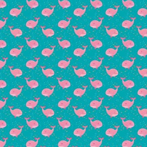 Whale Watching (pink whales on teal background, tiny scale)