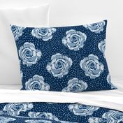 Mini ikat blue roses on Classic blue with ice blue spots