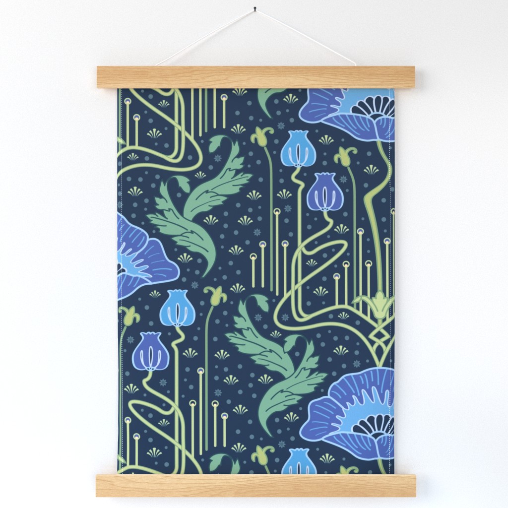 art nouveau poppy blue wallpaper 