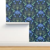 art nouveau poppy blue wallpaper 