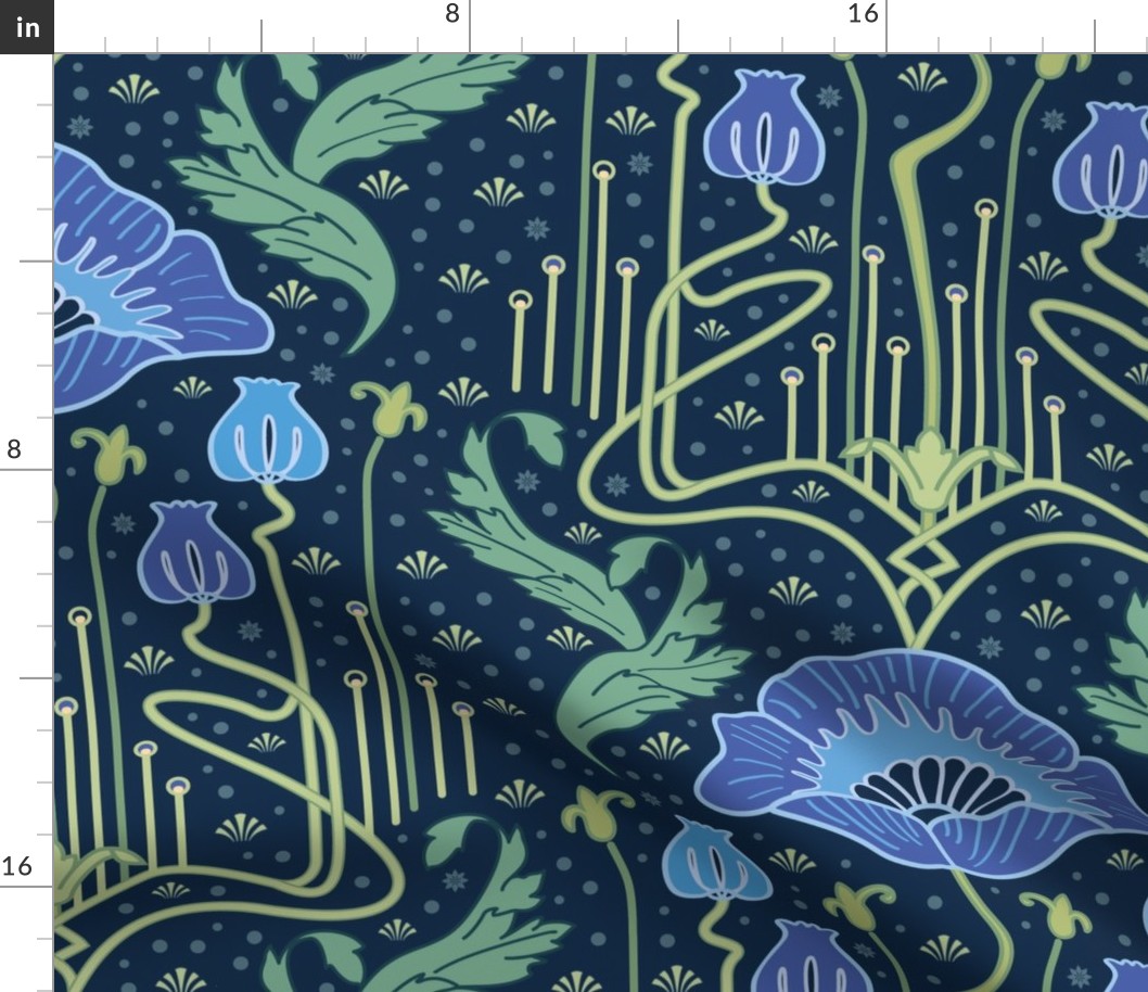 art nouveau poppy blue wallpaper 