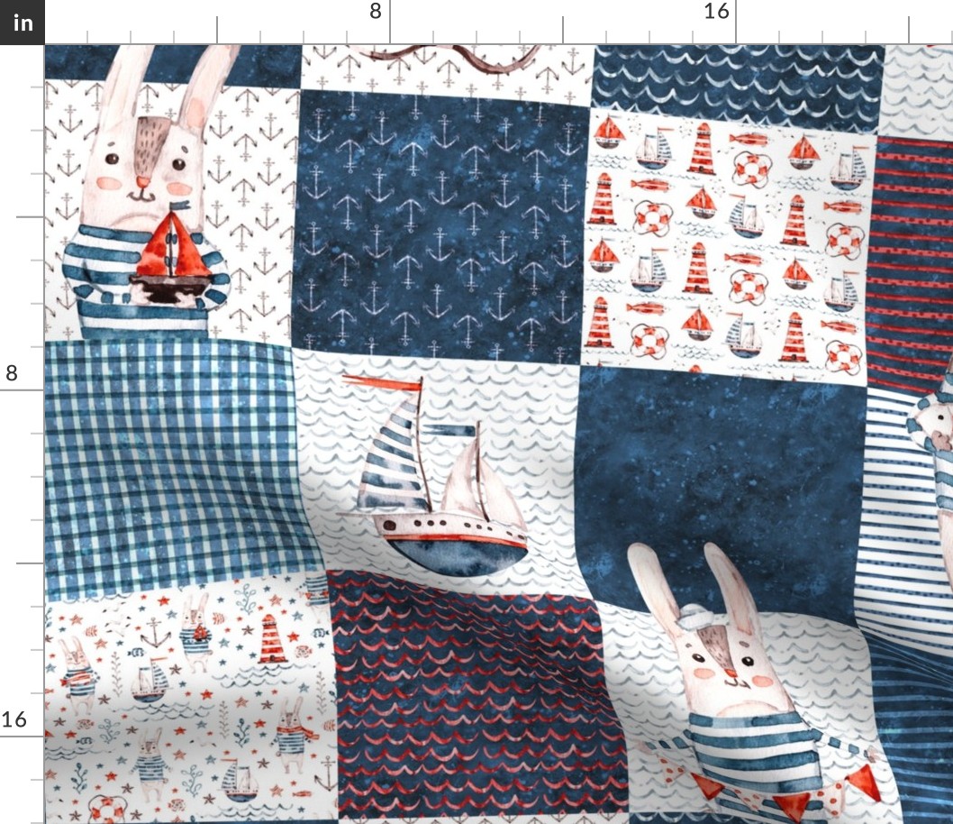 Smaller Watercolor cute sea rabbit sailor. patchwork. quilting