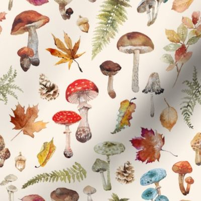 Fall Mushrooms and Leaves / Cream