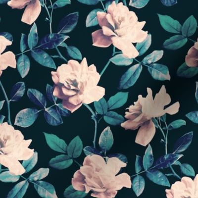 Retro Kitsch Vintage Roses in Mauve Pink on Dark Teal - small