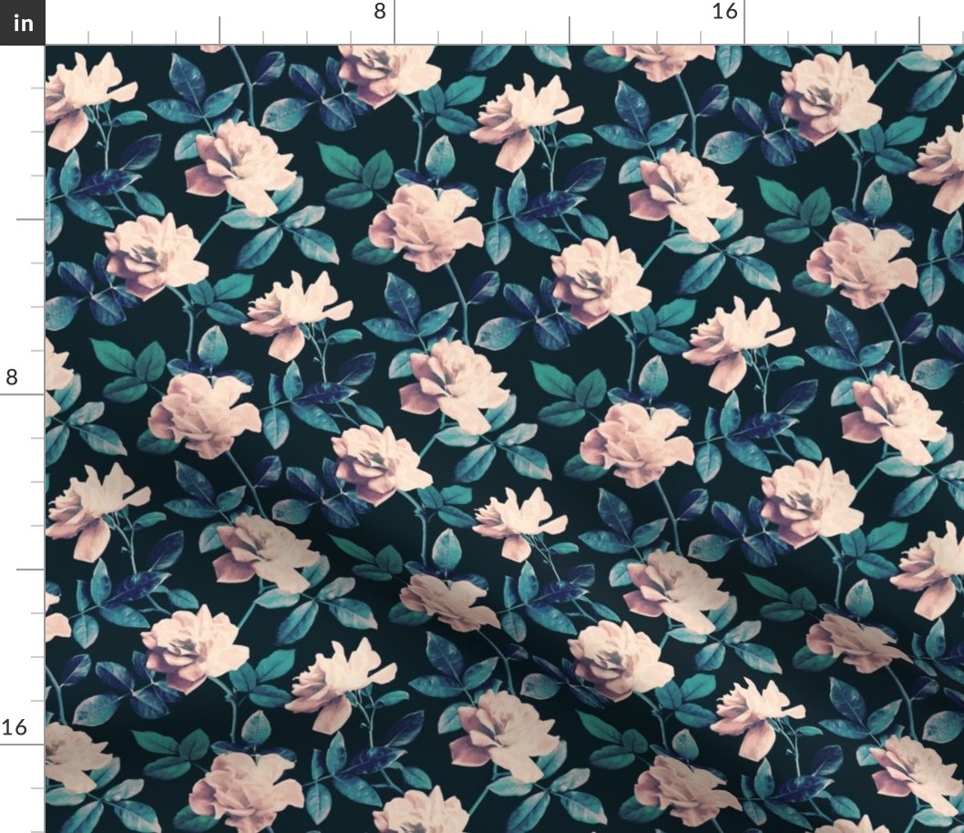 Retro Kitsch Vintage Roses in Mauve Pink on Dark Teal - small