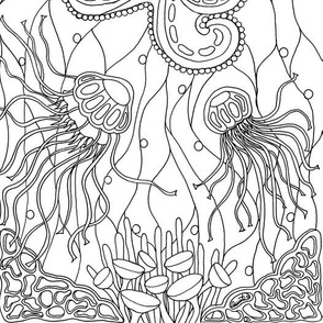 Octopus and Jellies Black and White Coloring 