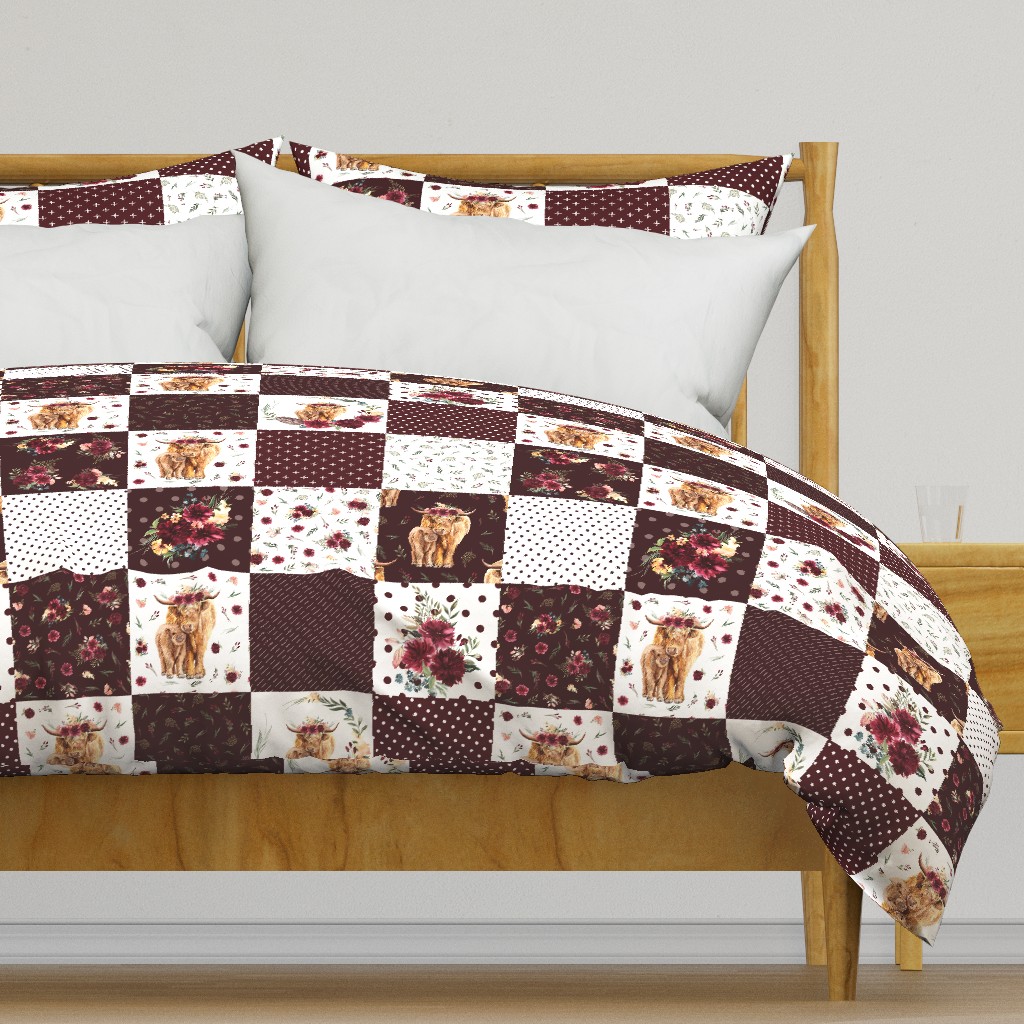 6" maroon floral highland cow cheater quilt