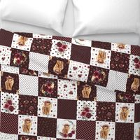 6" maroon floral highland cow cheater quilt