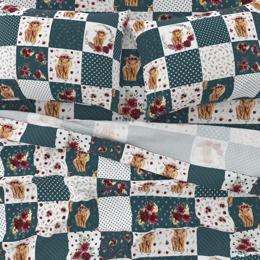 6" teal highland cow cheater quilt 