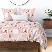 6" Pink spring floral highland cow cheater quilt
