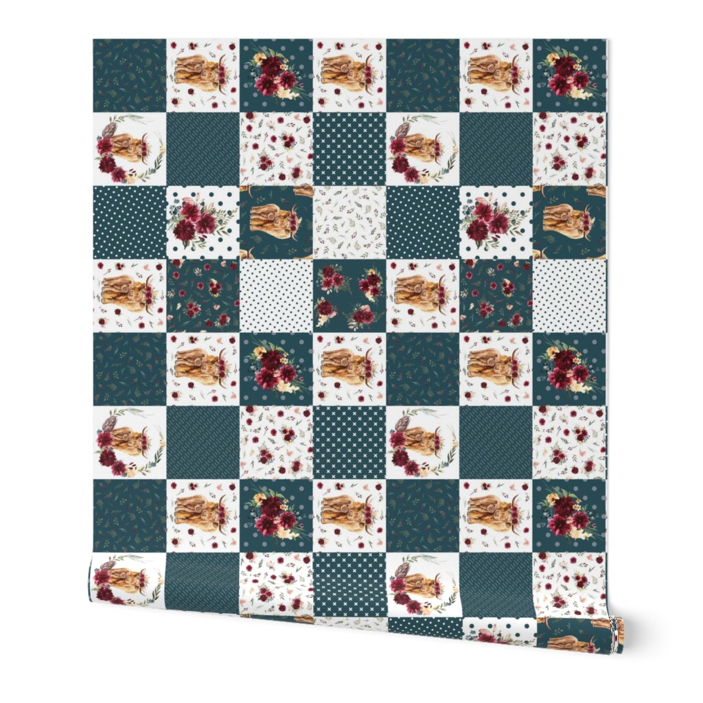 6" teal highland cow cheater quilt - rotated