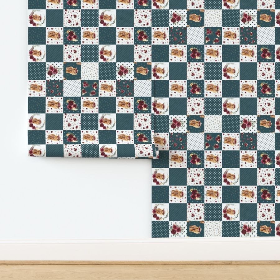 6" teal highland cow cheater quilt - rotated