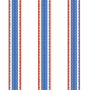 Modern French Ticking Stripe-Farmhouse Red/Primitive Tan -Med -Large Feedsack French Blue, red accent on white 