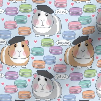 french guinea pigs and macarons on soft blue