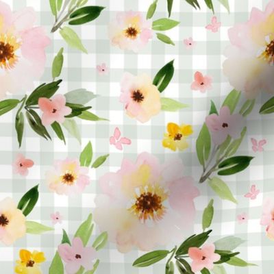8" Pink Pastel Watercolor Florals in Light Green Gingham
