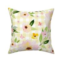 18" Pink Pastel Watercolor Florals in Light Yellow Gingham