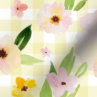 18" Pink Pastel Watercolor Florals in Light Yellow Gingham