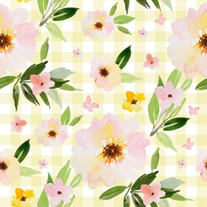 18" Pink Pastel Watercolor Florals in Light Yellow Gingham