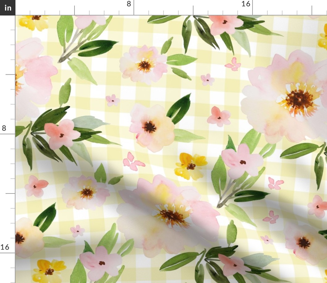 18" Pink Pastel Watercolor Florals in Light Yellow Gingham