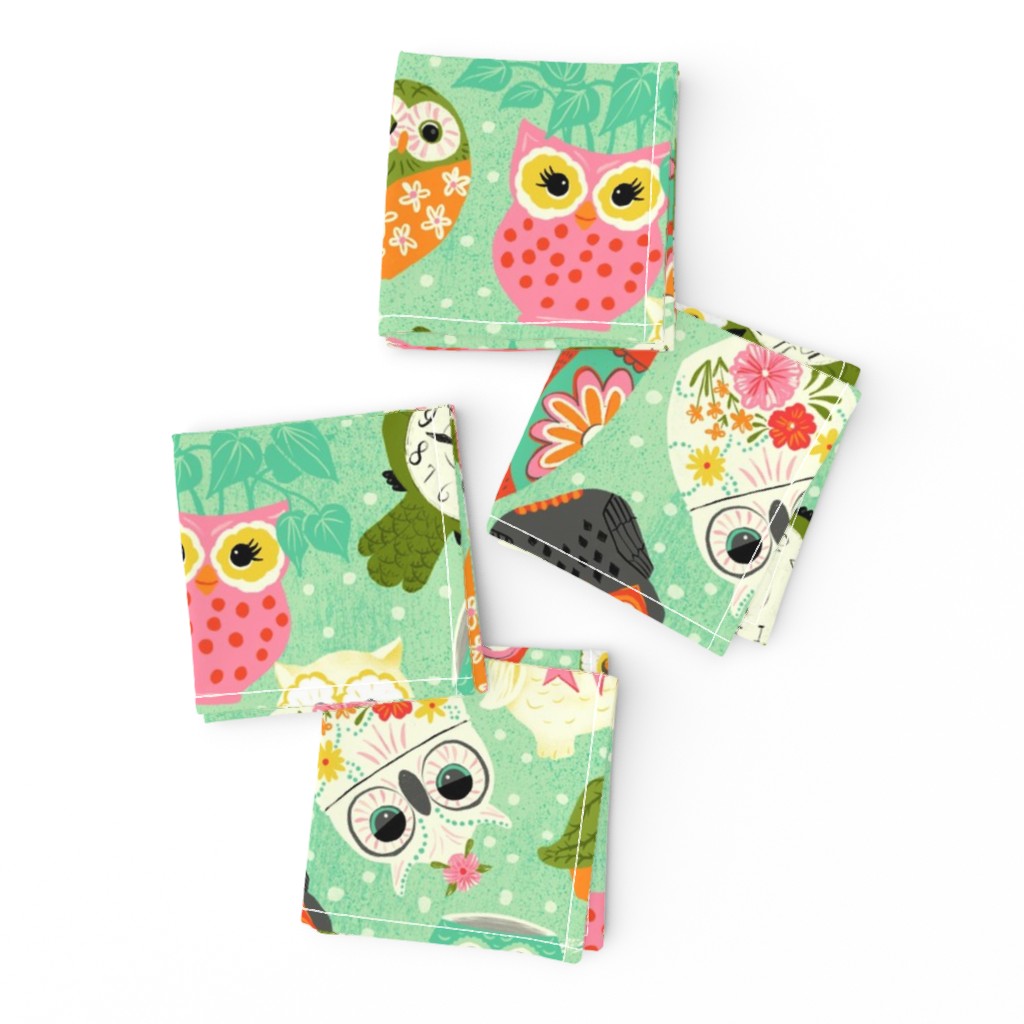 Vintage Kitsch Owls  Green, Pink, Orange