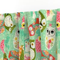 Vintage Kitsch Owls  Green, Pink, Orange