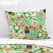 Vintage Kitsch Owls  Green, Pink, Orange