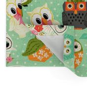 Vintage Kitsch Owls  Green, Pink, Orange