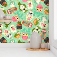 Vintage Kitsch Owls  Green, Pink, Orange