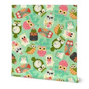 Vintage Kitsch Owls  Green, Pink, Orange