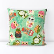 Vintage Kitsch Owls  Green, Pink, Orange