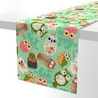 Vintage Kitsch Owls  Green, Pink, Orange