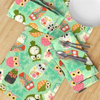 Vintage Kitsch Owls  Green, Pink, Orange