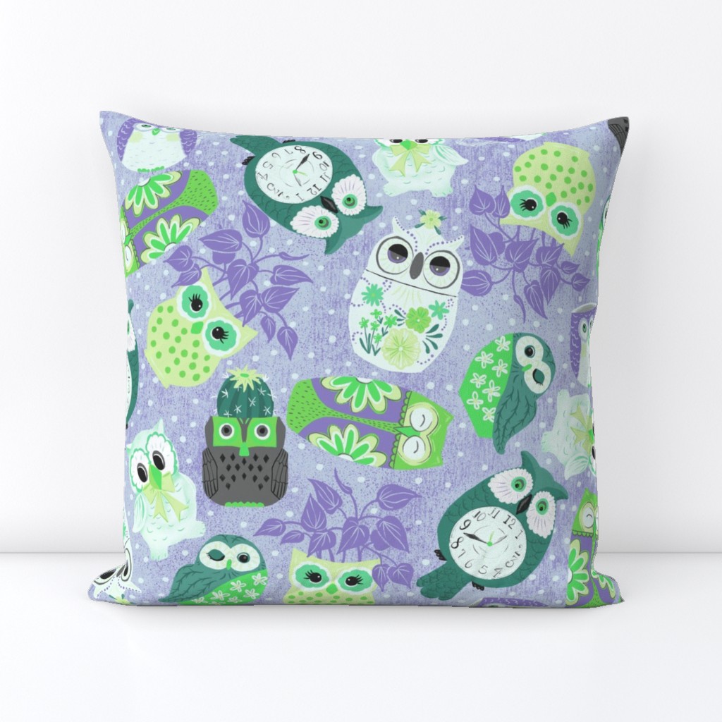 Vintage Kitsch Owls in Purple and Green