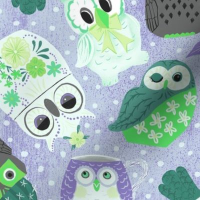 Vintage Kitsch Owls in Purple and Green