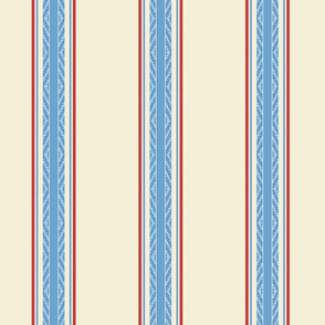 Modern French Ticking Stripe-Farmhouse Red/off white -Med -Large Feedsack Med blue, red accent stripe on Tea Tan        