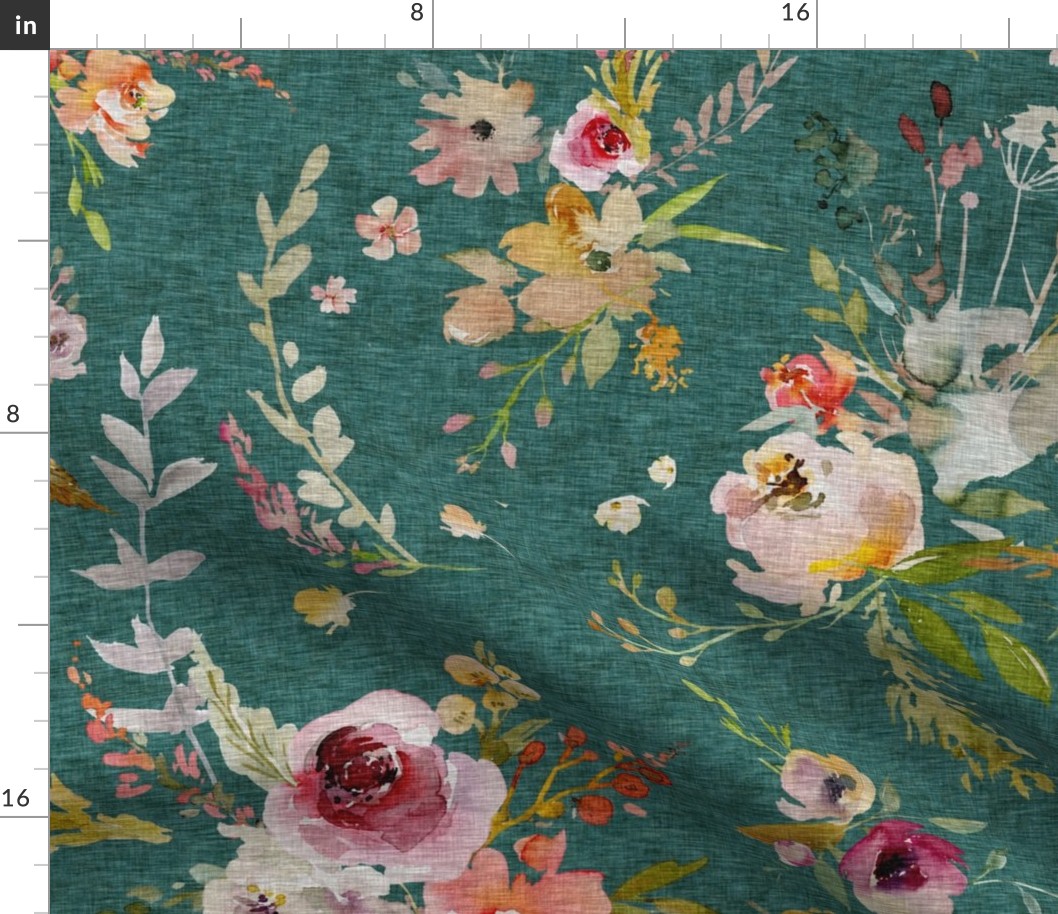 26” meadow floral - turquoise - large scale - wallpaper