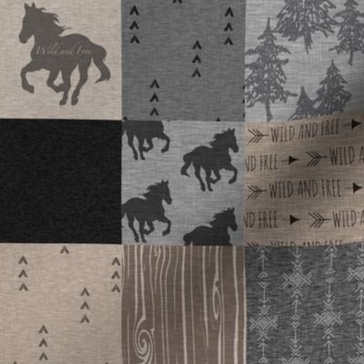 2.75” wild horses patchwork- black, brown and grey