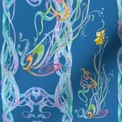 Watercolor Scrolls with Daffodils on Classic Blue